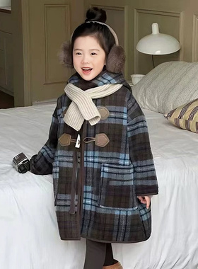 女童加绒连帽格子大衣2025冬季新品儿童洋气连帽一体绒外套CWT251