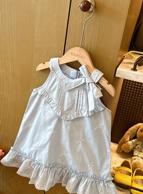 HHkids晴日的光～女童法式打揽木耳边挂脖凉感棉布连衣裙BQZ509