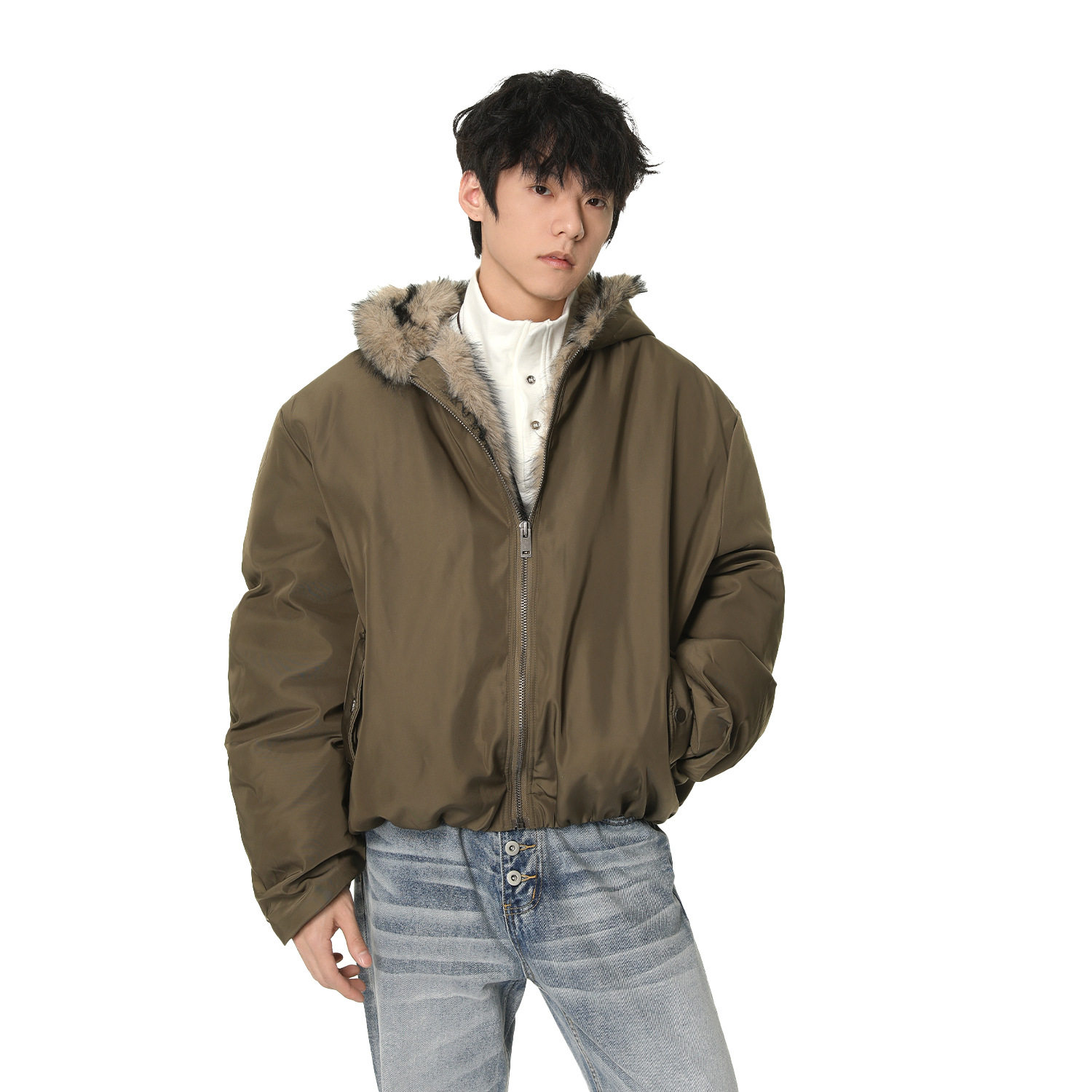 AKDAD座山雕小码男装加绒外套保暖连帽手塞棉宽松拉链棉服休闲潮