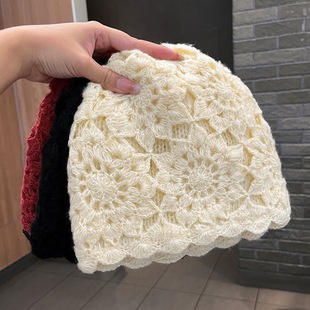 手工钩花双层加厚包头帽子女秋冬韩版百搭保暖针织时尚洋气毛线帽