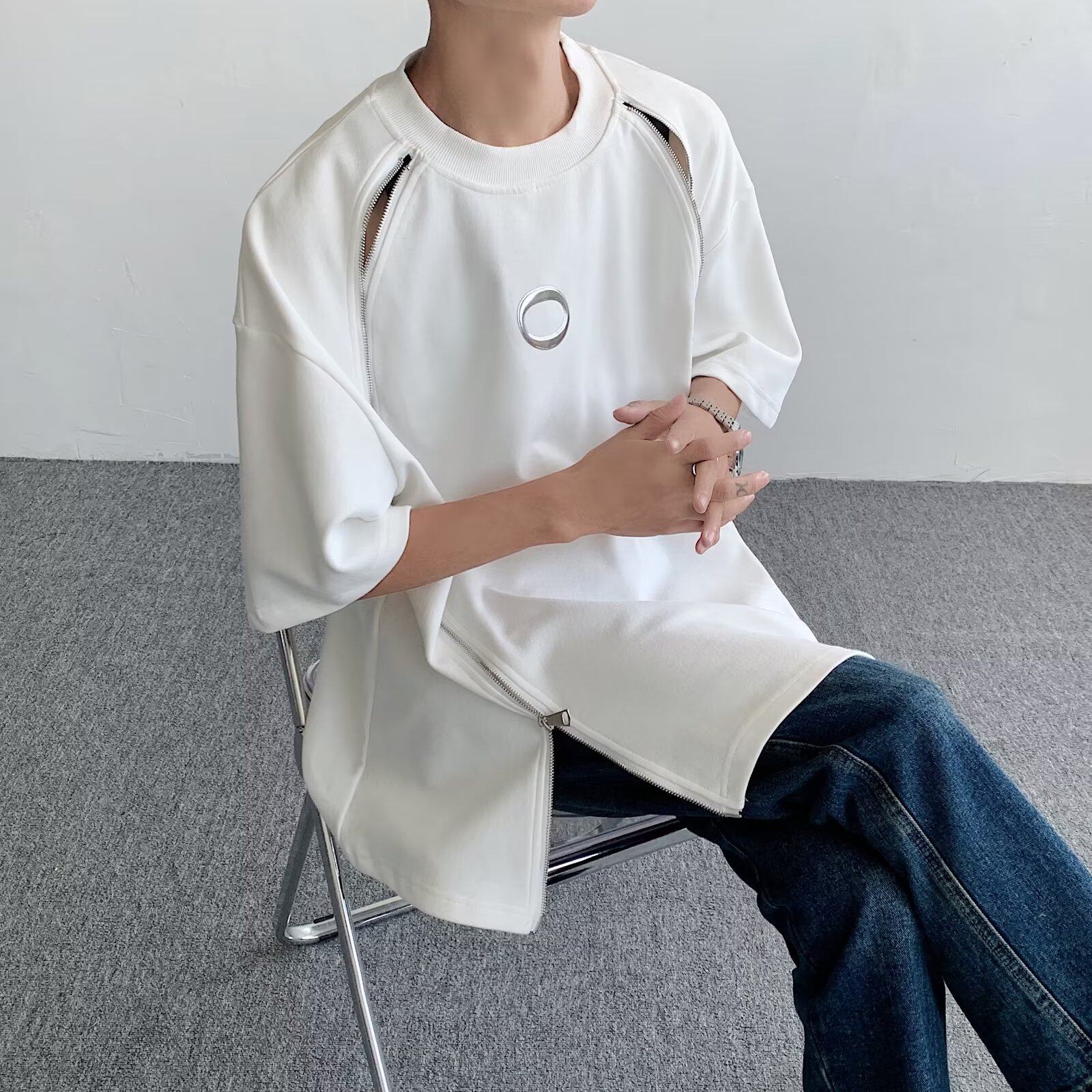 틈새 디자인 더블 지퍼 티셔츠 남성용 반팔 여름 아메리칸 스트리트 하이 엔드 탑 반팔 힙합 개성 INS