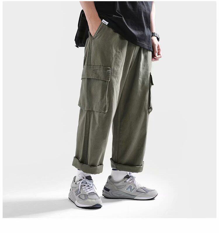 SHAWN YUE 일본 유행 브랜드 루즈 캐주얼 작업복 바지 남성 봄 가을 스트레이트 팬츠 9점 대형 뚱뚱한 남자 퓨어 코튼