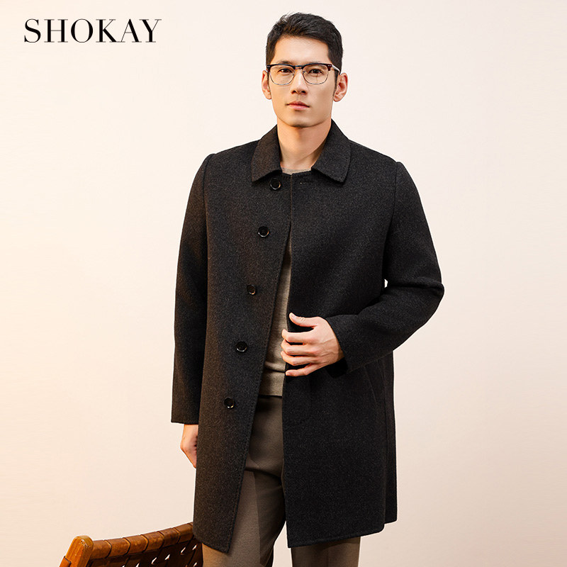 SHOKAY绣嘉【100%牦牛绒】双面呢大衣男外套商务长款毛呢秋冬加厚