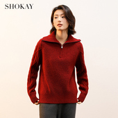 SHOKAY绣嘉 本命年红毛衣冬季 100牦牛绒 半拉链翻领加厚套衫