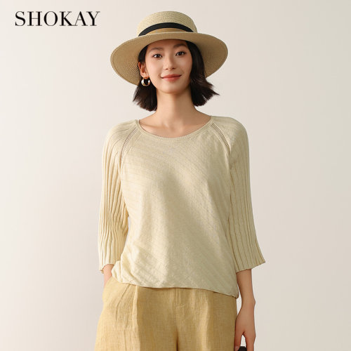 SHOKAY绣嘉【绣晴】中袖套衫薄女士针织套衫牦牛绒七分袖透气圆领