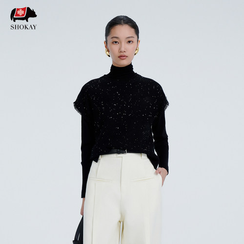 亮片毛边落肩袖针织女士马甲上衣
