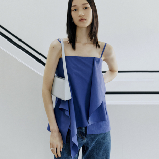 韩版 宝蓝不对称超细吊带 小众设计感吊带克莱因蓝背心一字领吊带衫