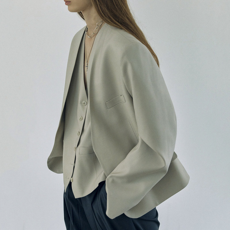 waistcoat 小众设计无领西装马甲套装设计感外套露背宽肩西装短款