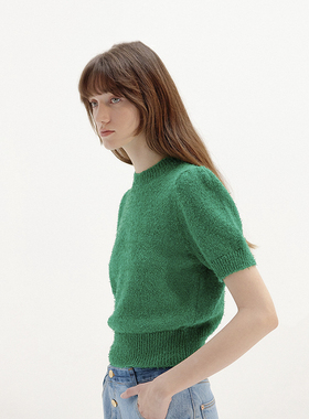 Ryanj【上新】设计感短袖针织衫中袖毛衣草绿色打底韩国小众圆领