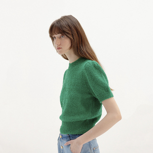 Ryanj【上新】设计感短袖针织衫中袖毛衣草绿色打底韩国小众圆领