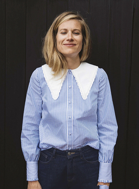 法国小众设计师条纹衬衫娃娃领尖领复古海军法式savis白色大翻领