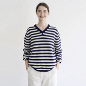 法式 条纹衫 羊毛V领毛衣水手条纹毛衣宽松慵懒风落肩