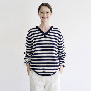法式 羊毛V领毛衣水手条纹毛衣宽松慵懒风落肩 条纹衫