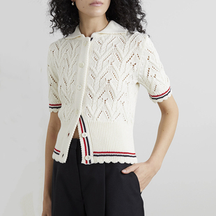 通勤预科生白 中袖 Ryanj纽约小众设计感T恤针织短袖 纯棉钩花针织衫