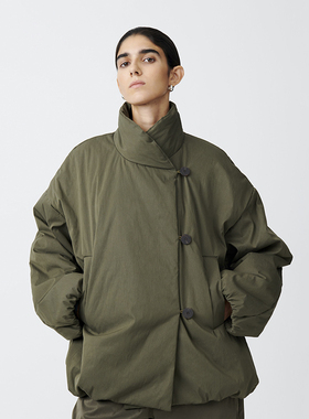 【金敏喜姐姐风】英伦小众设计感棉服廓形军绿色防水棉衣翻领斜领