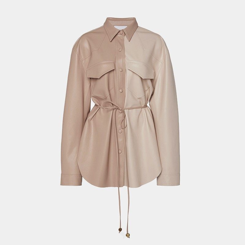 Ryanj匈牙利小众皮衣衬衫设计感皮外套中长款腰带拼色下半身失踪