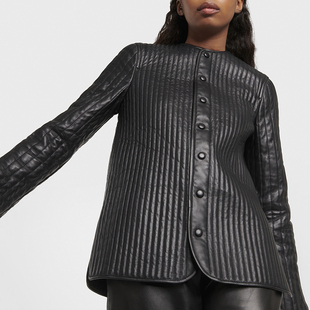 瑞典小众设计感皮衣外套绗缝棉服开衩正肩外套短 皮夹克 小姨