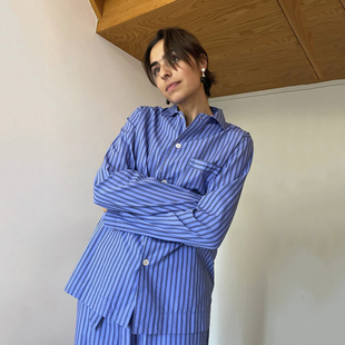 蓝法式 工装 丹麦小众设计感条纹衬衫 复古慵懒vintage 北欧盐系