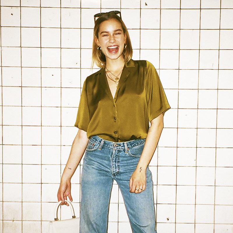 布鲁克林小众真丝短袖衬衫设计感橄榄绿香槟短袖衬衣别致法式重磅