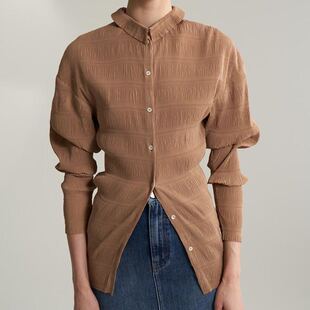 北欧小众细褶皱衬衫 收腰显瘦复古vintage欧美简约 廓形灯笼袖
