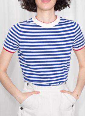 Rayn.j瑞典小众th蓝白条纹T恤海军风修身短款棉理论法式轻奢针织