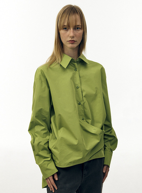 小众设计感衬衫绿色果绿色长袖衬衫不规则下摆纽扣装饰ins苹果绿