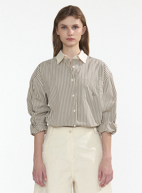 Ryanj韩国小众条纹衬衫灰色文艺简约风条纹衬衫boyfriend廓形通勤