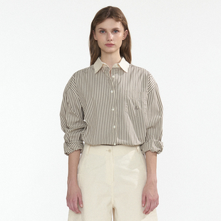 Ryanj韩国小众条纹衬衫 boyfriend廓形通勤 灰色文艺简约风条纹衬衫
