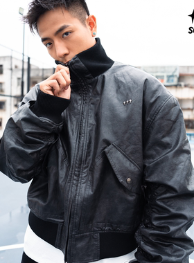 SOFRSH美式复古bomber做旧皮衣短款飞行员夹克宽松休闲夹棉外套男