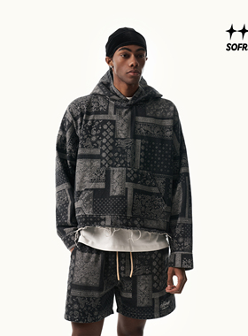 SOFRSH牛仔连帽卫衣男美式复古水洗做旧刺绣短款帽衫新款潮