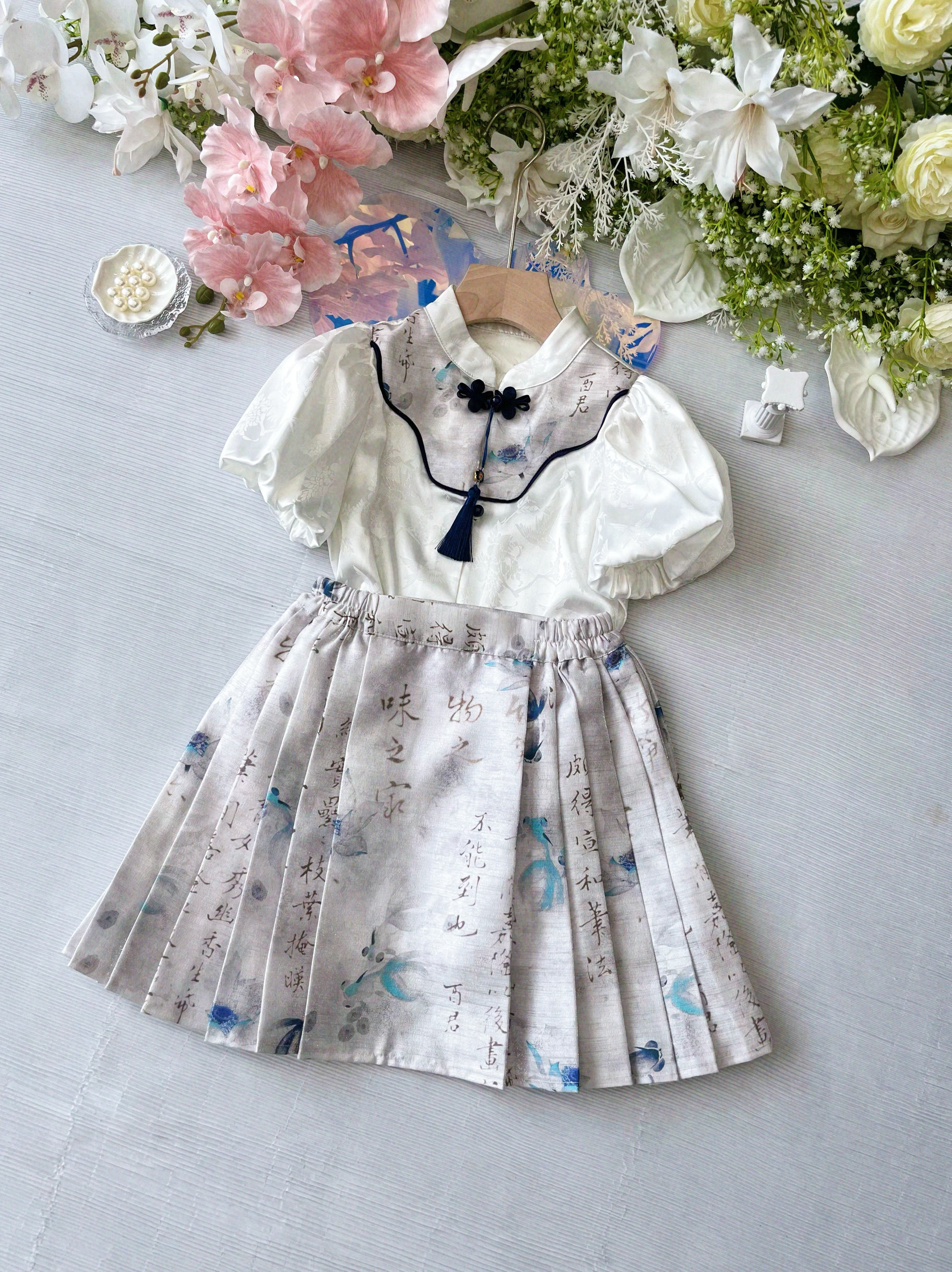 女童新中式复古提花立领短衫对襟日常春夏汉服小衬衫百搭流苏上衣