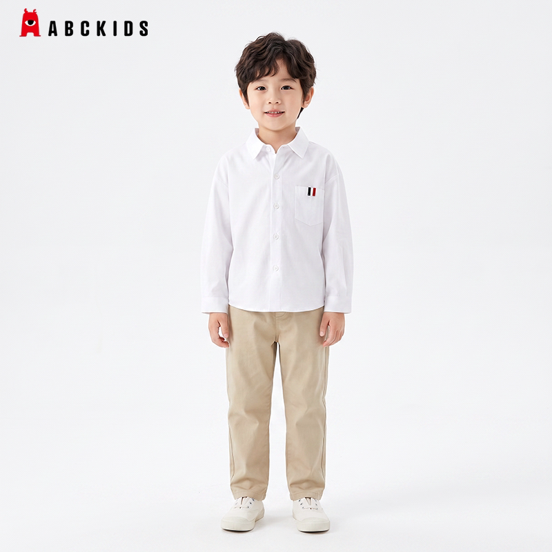 Abckids童装男童白色衬衫春秋新款儿童纯棉2026长袖简约翻领上衣图片