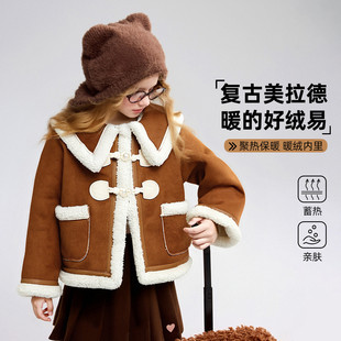Abckids女童外套冬装中大儿童加绒保暖翻领毛边绒面外套
