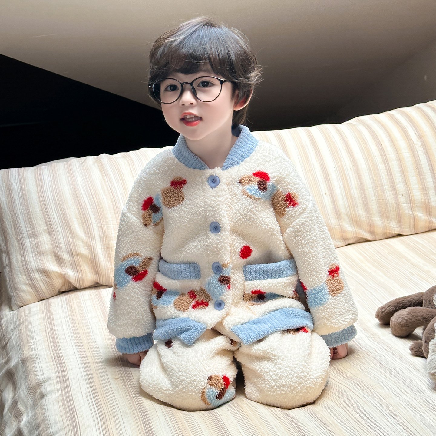 男童珊瑚绒睡衣秋冬季套装