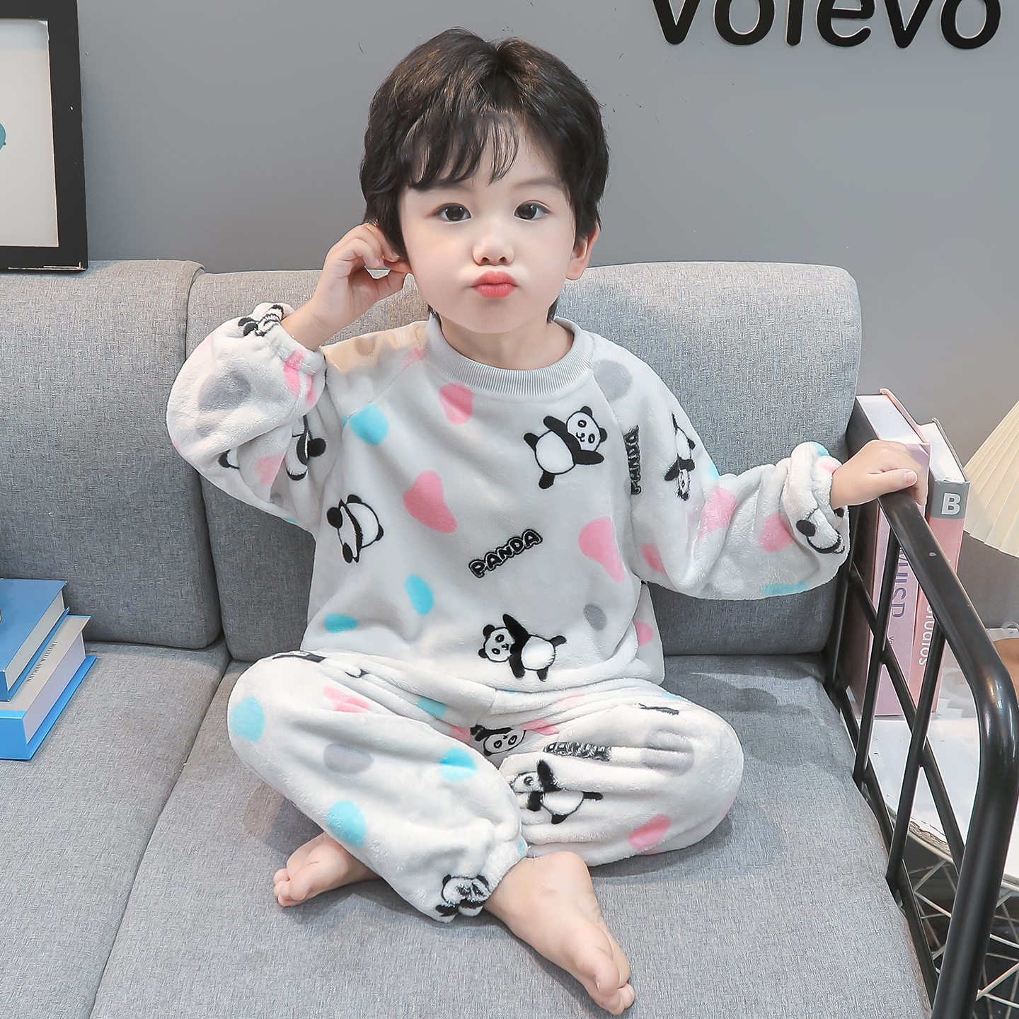 男童法兰绒睡衣儿童套装秋冬加绒