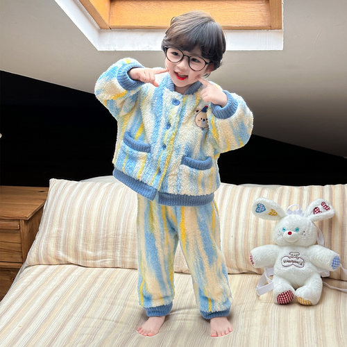 男童双层加厚冬季珊瑚绒睡衣套装