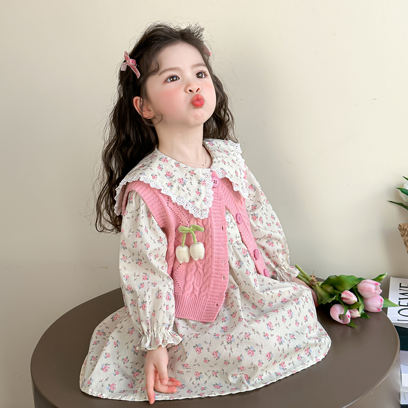 女童春秋款毛衣马甲碎花裙套装2025新款女宝宝洋气可爱春装两件套
