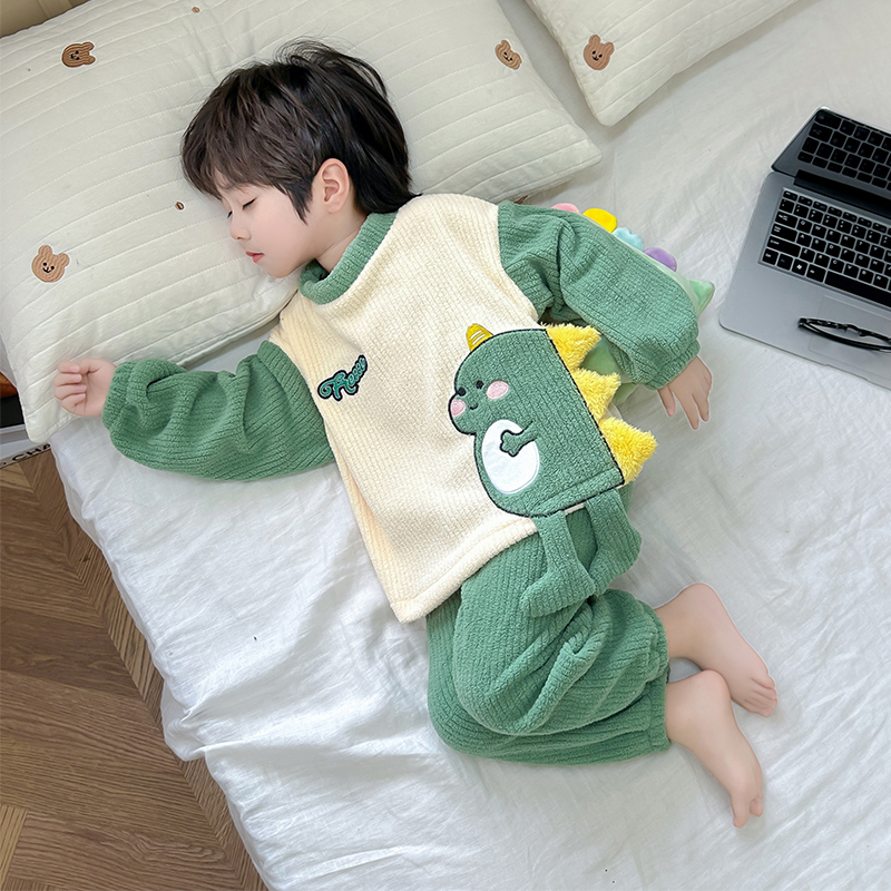 儿童法兰绒秋冬款恐龙睡衣套装