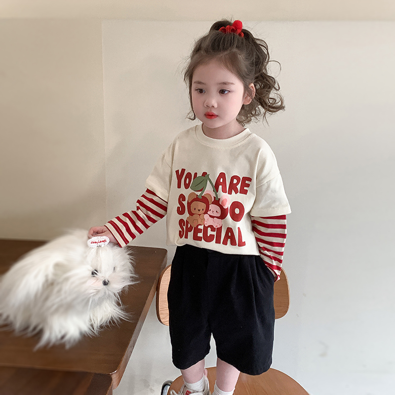 女童2025春秋季卡通印花条纹t恤