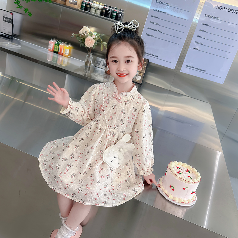 儿童长袖旗袍春秋2025新款女童中国风唐装连衣裙女宝秋装碎花裙子
