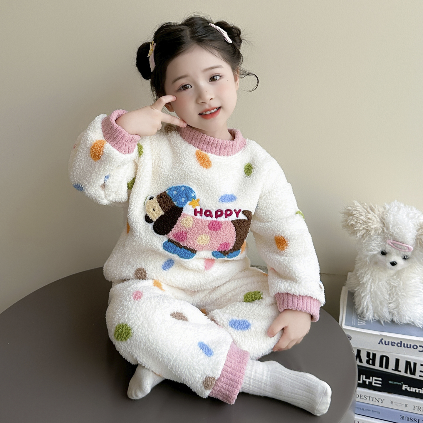 女童珊瑚绒睡衣套装秋冬季米粒绒