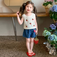 女童夏季套装2025新款小女孩针织背心碎花牛仔短裤甜美可爱两件套