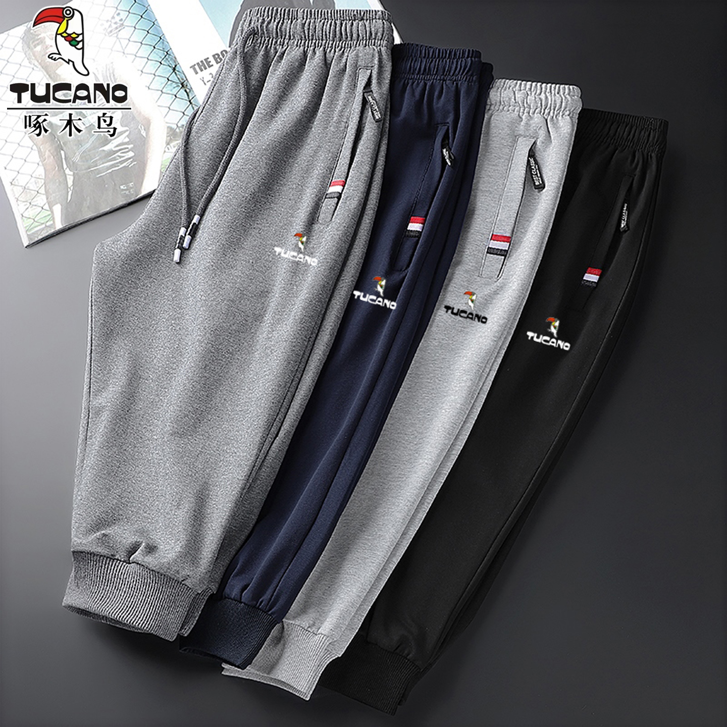 啄木鸟纯棉七分裤男士夏季薄款宽松中裤2025新款跑步休闲直筒短裤