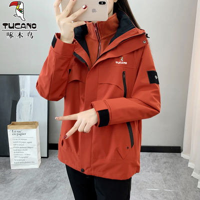 啄木鸟朱雀红冲锋衣女三合一夹克