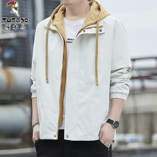 啄木鸟假两件外套男士春秋季青少年休闲宽松百搭工装连帽夹克风衣