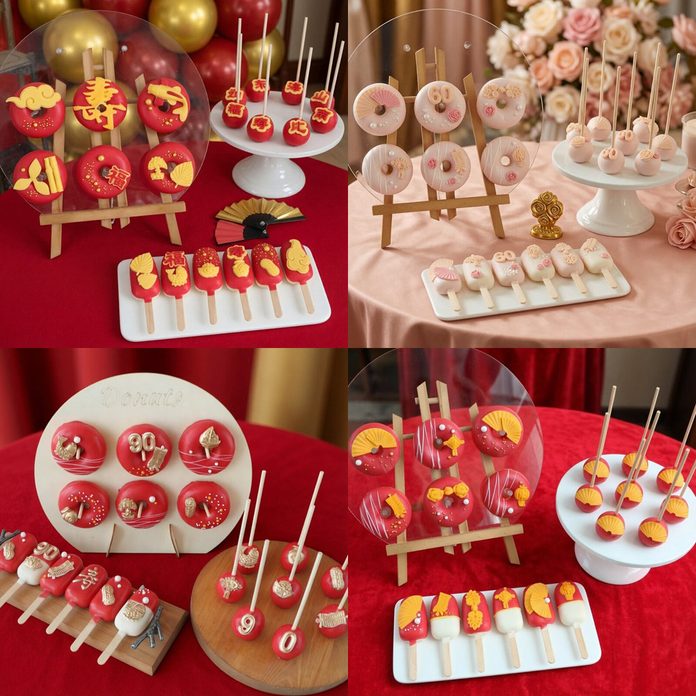 中式祝寿老人过大寿红色甜品台手工定制创意甜甜圈蛋糕棒棒糖成品