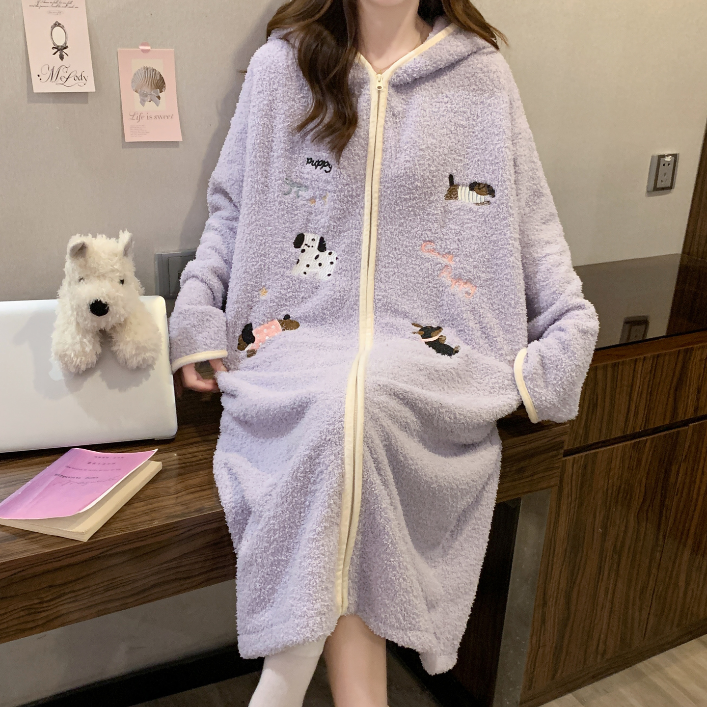 半边绒睡袍女冬季连帽睡裙加厚绒