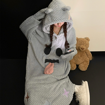 连帽睡袍女冬季珊瑚绒长袖韩版可爱睡裙加厚绒网红少女睡衣家居服
