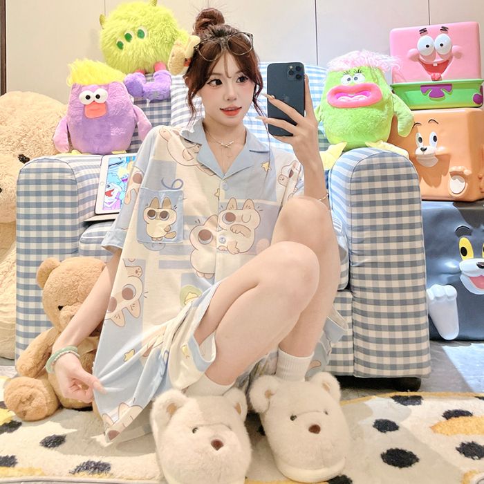 短袖睡衣女夏天2025新款网红卡通爆款短裤套装开衫印花宽松家居服