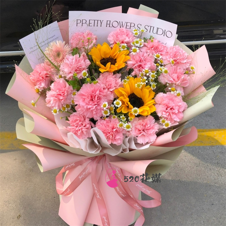 榆林市靖边定边绥德县米脂县同城鲜花店康乃馨百合花束送长辈生日
